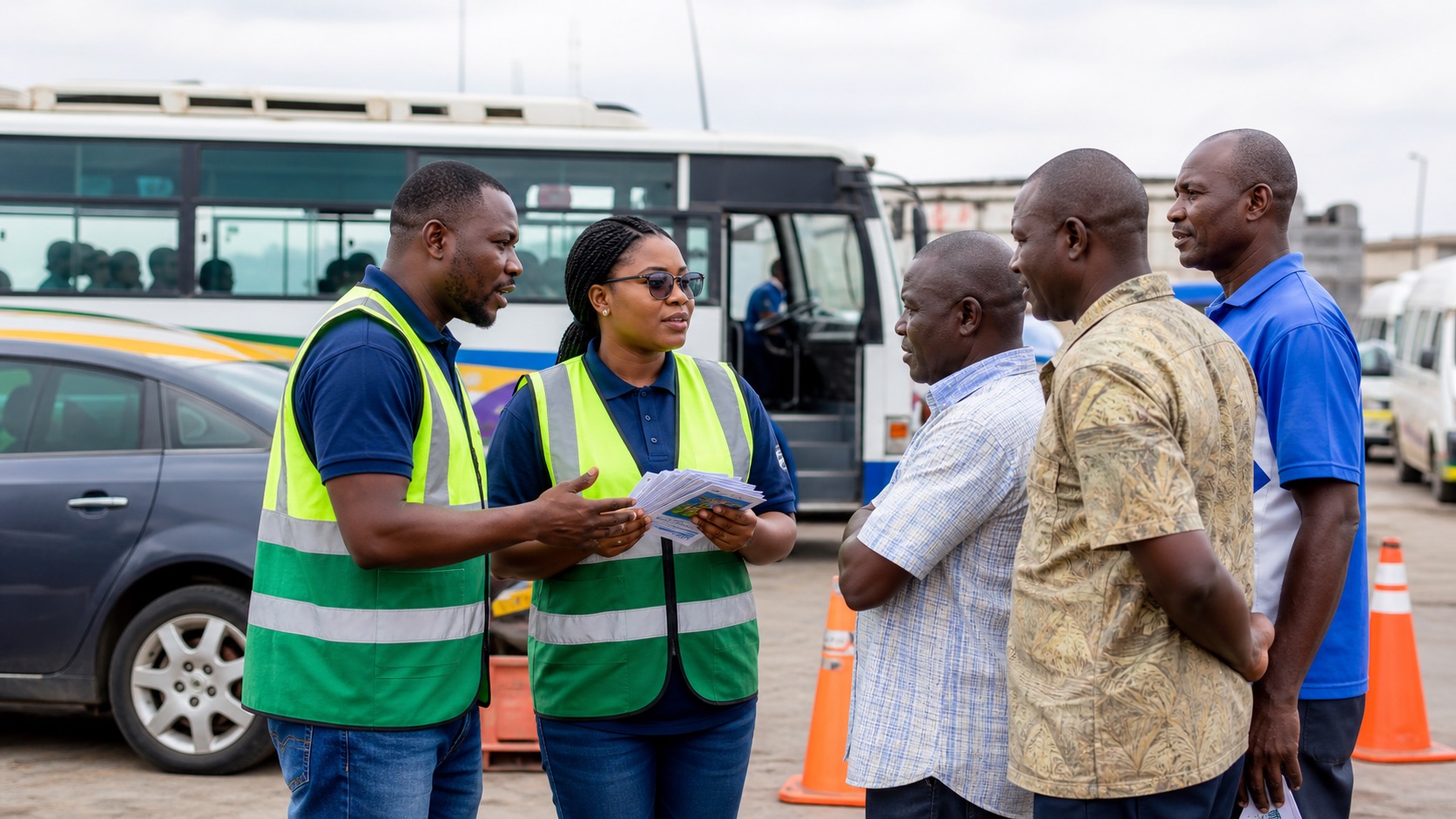 Road safety volunteers speaking with drivers during a transport safety outreach